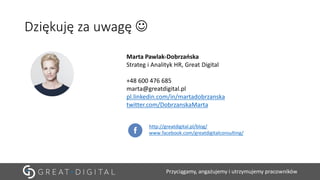 Przyciągamy, angażujemy i utrzymujemy pracowników
Marta Pawlak-Dobrzańska
Strateg i Analityk HR, Great Digital
+48 600 476 685
marta@greatdigital.pl
pl.linkedin.com/in/martadobrzanska
twitter.com/DobrzanskaMarta
Dziękuję za uwagę 
http://greatdigital.pl/blog/
www.facebook.com/greatdigitalconsulting/
 