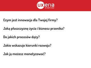 Czym jest innowacja dla Twojej firmy?
Jaką płaszczyznę życia i biznesu przenika?
Do jakich procesów dąży?
Jakie wskazuje kierunki rozwoju?
Jak ją możesz monetyzować?
 