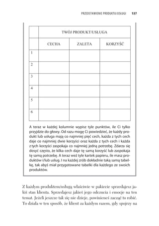 PRZEDSTAWIENIE PRODUKTU/USŁUGI 137
TWÓJ PRODUKT/US UGA
CECHA ZALETA KORZY
1
2
3
4
5
6
A teraz w każdej kolumnie wypisz tyle punktów, ile Ci tylko
przyjdzie do głowy. Od razu mogę Ci powiedzieć, że każdy pro-
dukt lub usługa mają co najmniej pięć cech, każda z tych cech
daje co najmniej dwie korzyści oraz każda z tych cech i każda
z tych korzyści zaspokaja co najmniej jedną potrzebę. Zdarza się
dosyć często, że kilka cech daje tę samą korzyść lub zaspokaja
tę samą potrzebę. A teraz weź tyle kartek papieru, ile masz pro-
duktów i/lub usług. I na każdej zrób dokładnie taką samą tabel-
kę, tak abyś miał przygotowane tabelki dla każdego ze swoich
produktów.
Z ka dym produktem/us ug w a ciwie w pakiecie sprzedajesz ja-
ki stan klienta. Sprzedajesz jakie jego odczucia i emocje na ten
temat. Je eli jeszcze tak si nie dzieje, powiniene zacz to robi .
To dzia a w ten sposób, e klient za ka dym razem, gdy spojrzy na
 