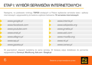6 Badanie przeprowadzone przez: 
ETAP I: WYBÓR SERWISÓW INTERNETOWYCH 
www.google.pl www.interia.pl 
www.facebook.com www.wikipedia.org 
www.youtube.com www.gratka.pl 
www.onet.pl www.ask.com 
www.allegro.pl www.mozilla.org 
www.wp.pl www.nk.pl 
www.gazeta.pl www.ceneo.pl 
Następnie, na podstawie rankingu TOP20 wiodących w Polsce wydawców serwisów www i aplikacji 
internetowych, wytypowaliśmy do badania szybkości ładowania 14 serwisów internetowych: 
W poprzednich edycjach badaliśmy te same serwisy. W bieżącej edycji dodatkowo do pomiarów 
wytypowaliśmy: Ceneo.pl, Mozilla.org, Ask.com i Google.pl. 
 