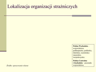 Lokalizacja organizacji strażniczych




                                 Polska Wschodnia –
                                 województwa:
                                 podkarpackie, podlaskie,
                                 lubelskie, warmińsko-
                                 mazurskie,
                                 świętokrzyskie.
                                 Polska Centralna
                                 i Zachodnia – pozostałe
Źródło: opracowanie własne       województwa
 