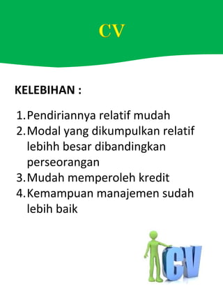 KELEBIHAN :
1.Pendiriannya relatif mudah
2.Modal yang dikumpulkan relatif
lebihh besar dibandingkan
perseorangan
3.Mudah memperoleh kredit
4.Kemampuan manajemen sudah
lebih baik
 