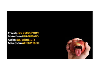 Provide JOB DESCRIPTION
Make them UNDERSTAND
Assign RESPONSIBILITY
Make them ACCOUNTABLE

 