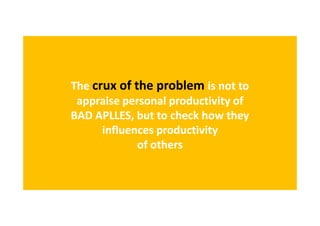 The crux of the problem is not to
appraise personal productivity of
BAD APLLES, but to check how they
influences productivity
of others

 