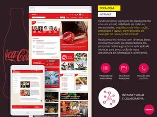 Desenvolvemos o projeto de planejamento,
com um estudo detalhado de todas as
necessidades, arquitetura de informação,
protótipos e layout, além do plano de
evolução do novo portal intranet.
Realizamos entrevistas com diversas áreas,
envolvemos todos os colaboradores em
pesquisas online e grupos na aplicação de
técnicas para construção da nova
arquitetura de informação e wireframes.
COCA-COLA
INTRANET
PRODUÇÃO DE
WIREFRAMES
DESCRITIVO
FUNCIONAL
CRIAÇÃO DOS
LAYOUTS
INTRANET SOCIAL
E COLABORATIVA
 