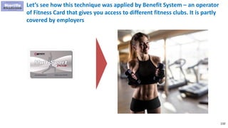 110
Let’s see how this technique was applied by Benefit System – an operator
of Fitness Card that gives you access to different fitness clubs. It is partly
covered by employers
 