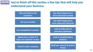 174
Just to finish off this section a few tips that will help you
understand your business
Talk and observe the
customers
Use your product
Use competition’s product
See what happened on
more advanced markets
See what happened in
more advanced industries
Look at wide pool of
potential substitutes
Spend once a week 1-4
hours on customer service
Look at complimentary
products
Travel to other countries
Read esp. science & science
fiction
 