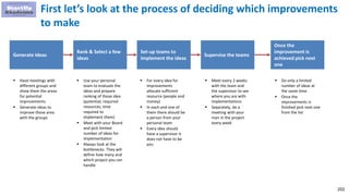 202
First let’s look at the process of deciding which improvements
to make
Generate Ideas
Rank & Select a few
ideas
Set-up teams to
implement the ideas
Supervise the teams
Once the
improvement is
achieved pick next
one
 Have meetings with
different groups and
show them the areas
for potential
improvements
 Generate ideas to
improve those area
with the groups
 For every idea for
improvements
allocate sufficient
resource (people and
money)
 In each and one of
them there should be
a person from your
personal team
 Every idea should
have a supervisor it
does not have to be
you
 Meet every 2 weeks
with the team and
the supervisor to see
where you are with
implementations
 Separately, do a
meeting with your
man in the project
every week
 Use your personal
team to evaluate the
ideas and prepare
ranking of those idea
(potential, required
resources, time
required to
implement them)
 Meet with your Board
and pick limited
number of ideas for
implementation
 Always look at the
bottlenecks. They will
define how many and
which project you can
handle
 Do only a limited
number of ideas at
the same time
 Once the
improvements is
finished pick next one
from the list
 
