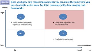 204
Resources needed
Impact
SmallBig
High
Low
 Things with big impact that
require little work
1
 Easy but with low impact
3
 Things with big impact yet
expensive, time consuming
2
No
Once you know how many improvements you can do at the same time you
have to decide which ones. For this I recommend the low hanging fruit
frameworks
 