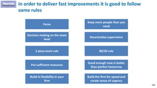 206
In order to deliver fast improvements it is good to follow
some rules
Focus
Decision making on the team
level
2 pizza team rule
Keep more people than you
need
Decentralize supervision
80/20 rule
Put sufficient resources
Good enough now is better
than perfect tomorrow
Build-in flexibility in your
firm
Build the firm for speed and
create sense of urgency
 