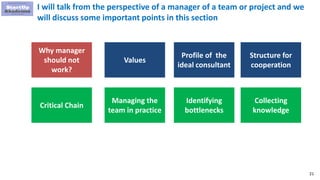 21
I will talk from the perspective of a manager of a team or project and we
will discuss some important points in this section
Why manager
should not
work?
Values
Profile of the
ideal consultant
Structure for
cooperation
Critical Chain
Managing the
team in practice
Identifying
bottlenecks
Collecting
knowledge
 