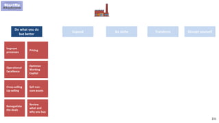 231
Do what you do
but better
Expand TransformGo niche
Improve
processes
Pricing
Cross-selling
Up-selling
Sell non-
core assets
Operational
Excellence
Optimize
Working
Capital
Renegotiate
the deals
Review
what and
why you buy
Disrupt yourself
 