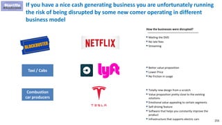 255
If you have a nice cash generating business you are unfortunately running
the risk of being disrupted by some new comer operating in different
business model
Taxi / Cabs
Combustion
car producers
 Mailing the DVD
 No late fees
 Streaming
 Better value proposition
 Lower Price
 No friction in usage
 Totally new design from a scratch
 Value proposition pretty close to the existing
solutions
 Emotional value appealing to certain segments
 Self-driving feature
 Software that helps you constantly improve the
product
 Infrastructure that supports electric cars
How the businesses were disrupted?
 