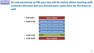 62
As said previously as PM your day will be mainly about meeting with
customer directors but you should spare some time for the team as
well
Status Update
Meetings with customer team
Analyzing & Checking
 9:30-10:00
 10:00-15:00
Meetings with customer team
Meetings with customer team
Meetings with customer team
Status Update
 15:00-17:00
 17:00-18:00
 