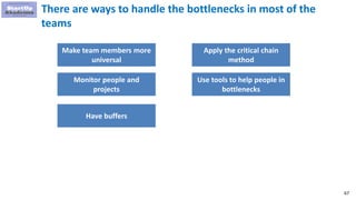 67
There are ways to handle the bottlenecks in most of the
teams
Make team members more
universal
Monitor people and
projects
Have buffers
Apply the critical chain
method
Use tools to help people in
bottlenecks
 