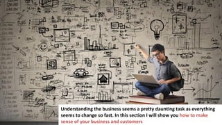 97
Understanding the business seems a pretty daunting task as everything
seems to change so fast. In this section I will show you how to make
sense of your business and customers
 