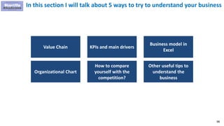 98
In this section I will talk about 5 ways to try to understand your business
Value Chain KPIs and main drivers
Business model in
Excel
Organizational Chart
How to compare
yourself with the
competition?
Other useful tips to
understand the
business
 