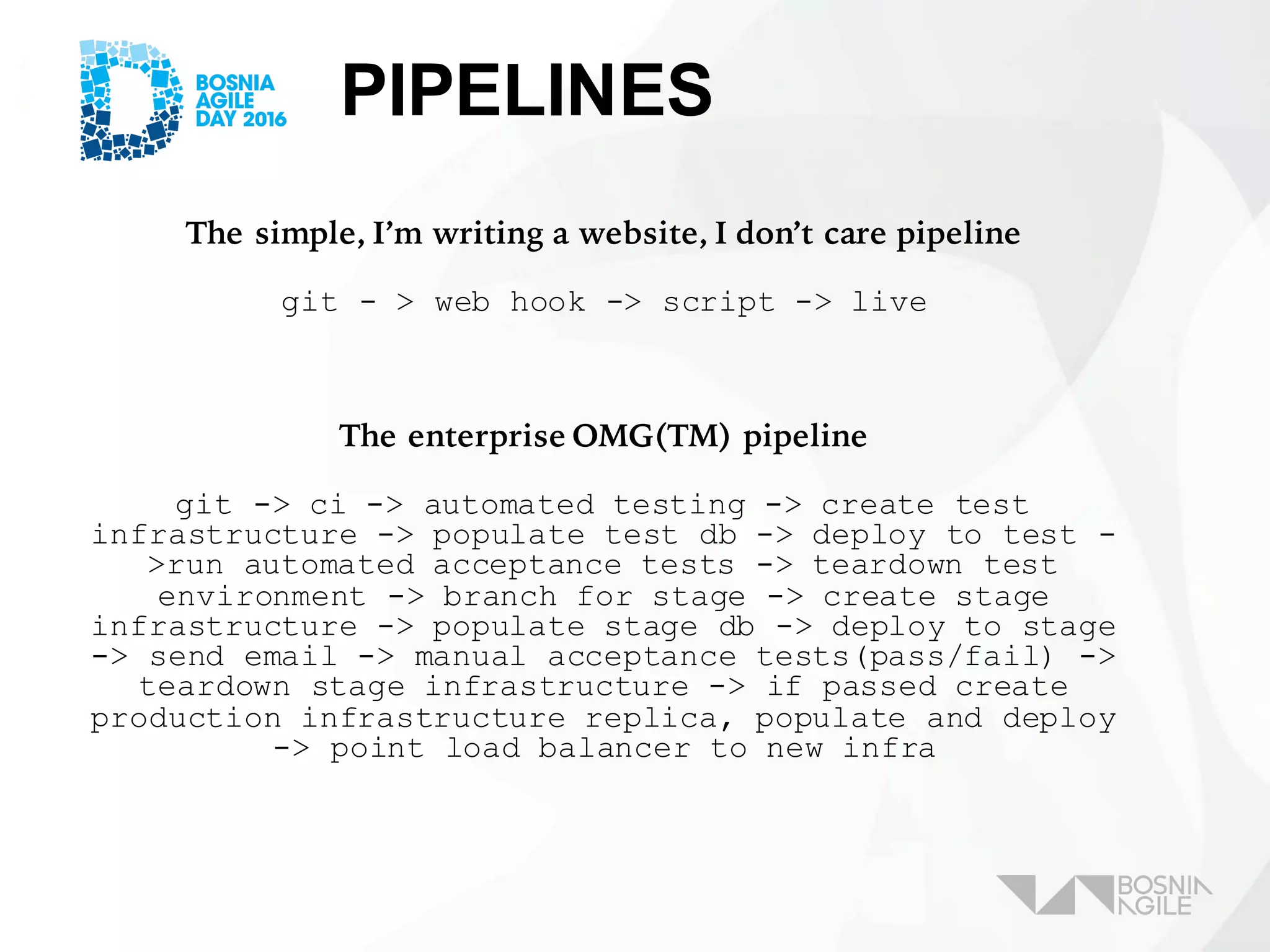 PIPELINES
The simple, I’m writing a website, I don’t care pipeline
git - > web hook -> script -> live
The enterprise OMG(TM) pipeline
git -> ci -> automated testing -> create test
infrastructure -> populate test db -> deploy to test -
>run automated acceptance tests -> teardown test
environment -> branch for stage -> create stage
infrastructure -> populate stage db -> deploy to stage
-> send email -> manual acceptance tests(pass/fail) ->
teardown stage infrastructure -> if passed create
production infrastructure replica, populate and deploy
-> point load balancer to new infra
 