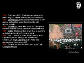 1992 - Washington D.C., Black Bloc no protesto antiguerra do golfo. Janelas do Banco Mundial destruídas.
1992 - San Francisco, Black Bloc protesta contra os 500
anos de exploração e genocídio promovidos pelo
primeiro mundo.
1999 - Philadelphia, 24 de abril, 1500-2000 anarquistas
marcham no Black Bloc durante o Millions For Mumia.
1999 - Seattle, 30 de novembro, Black Bloc se engendra
na destruição do distrito financeiro central.
2000 - 16 e 17 de abril, o Bloco Revolucionário AntiCapitalista (RACB) participa dos protestos antiFMI/BM, em Washington D.C. Entre 700 e 1000
anarquistas participaram no A16.
2000 - Primeiro de maio, Black Blocs em Nova York,
Chicago e Portland.
Batalha de Seattle

 