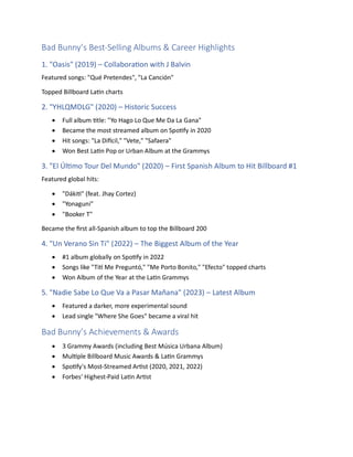 Bad Bunnys Best-Selling Albums & Career Highlights
1. "Oasis" (2019) C Collaboration with J Balvin
Featured songs: "Qu Pretendes", "La Cancin"
Topped Billboard Latin charts
2. "YHLQMDLG" (2020) C Historic Success
? Full album title: "Yo Hago Lo Que Me Da La Gana"
? Became the most streamed album on Spotify in 2020
? Hit songs: "La Difcil," "Vete," "Safaera"
? Won Best Latin Pop or Urban Album at the Grammys
3. "El ?ltimo Tour Del Mundo" (2020) C First Spanish Album to Hit Billboard #1
Featured global hits:
? "Dkiti" (feat. Jhay Cortez)
? "Yonaguni"
? "Booker T"
Became the first all-Spanish album to top the Billboard 200
4. "Un Verano Sin Ti" (2022) C The Biggest Album of the Year
? #1 album globally on Spotify in 2022
? Songs like "Tit Me Pregunt," "Me Porto Bonito," "Efecto" topped charts
? Won Album of the Year at the Latin Grammys
5. "Nadie Sabe Lo Que Va a Pasar Ma?ana" (2023) C Latest Album
? Featured a darker, more experimental sound
? Lead single "Where She Goes" became a viral hit
Bad Bunnys Achievements & Awards
? 3 Grammy Awards (including Best Msica Urbana Album)
? Multiple Billboard Music Awards & Latin Grammys
? Spotify's Most-Streamed Artist (2020, 2021, 2022)
? Forbes' Highest-Paid Latin Artist
 