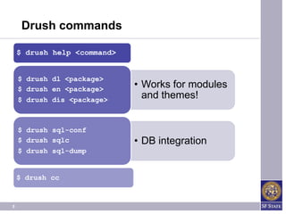 Drush commands

    $ drush help <command>


    $ drush dl <package>
    $ drush en <package>
                             • Works for modules
    $ drush dis <package>
                               and themes!


    $ drush sql-conf
    $ drush sqlc             • DB integration
    $ drush sql-dump


    $ drush cc


5
 