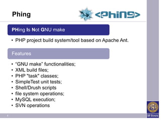 Phing

    PHing Is Not GNU make

    • PHP project build system/tool based on Apache Ant.

    Features

    •   “GNU make” functionalities;
    •   XML build files;
    •   PHP "task" classes;
    •   SimpleTest unit tests;
    •   Shell/Drush scripts
    •   file system operations;
    •   MySQL execution;
    •   SVN operations
7
 