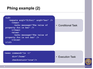 Phing example (2)

    <if>
       <equals arg1="${foo}" arg2="bar" />
          <then>
            <echo message="The value of      • Conditional Task
    property foo is bar" />
          </then>
          <else>
            <echo message="The value of
    property foo is not bar" />
          </else>
    </if>




<exec command="ls -l"
         dir="/home"                         • Execution Task
         checkreturn="true"/>


9
 