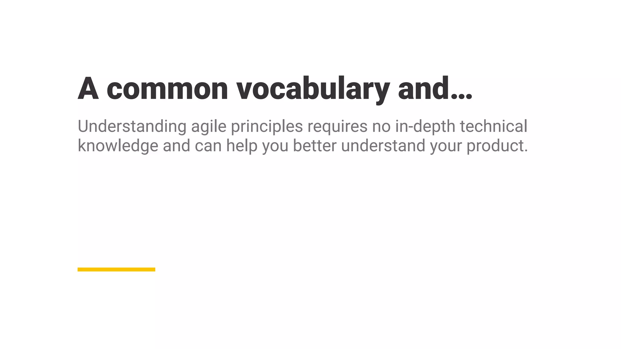 A common vocabulary and…
Understanding agile principles requires no in-depth technical
knowledge and can help you better understand your product.
 