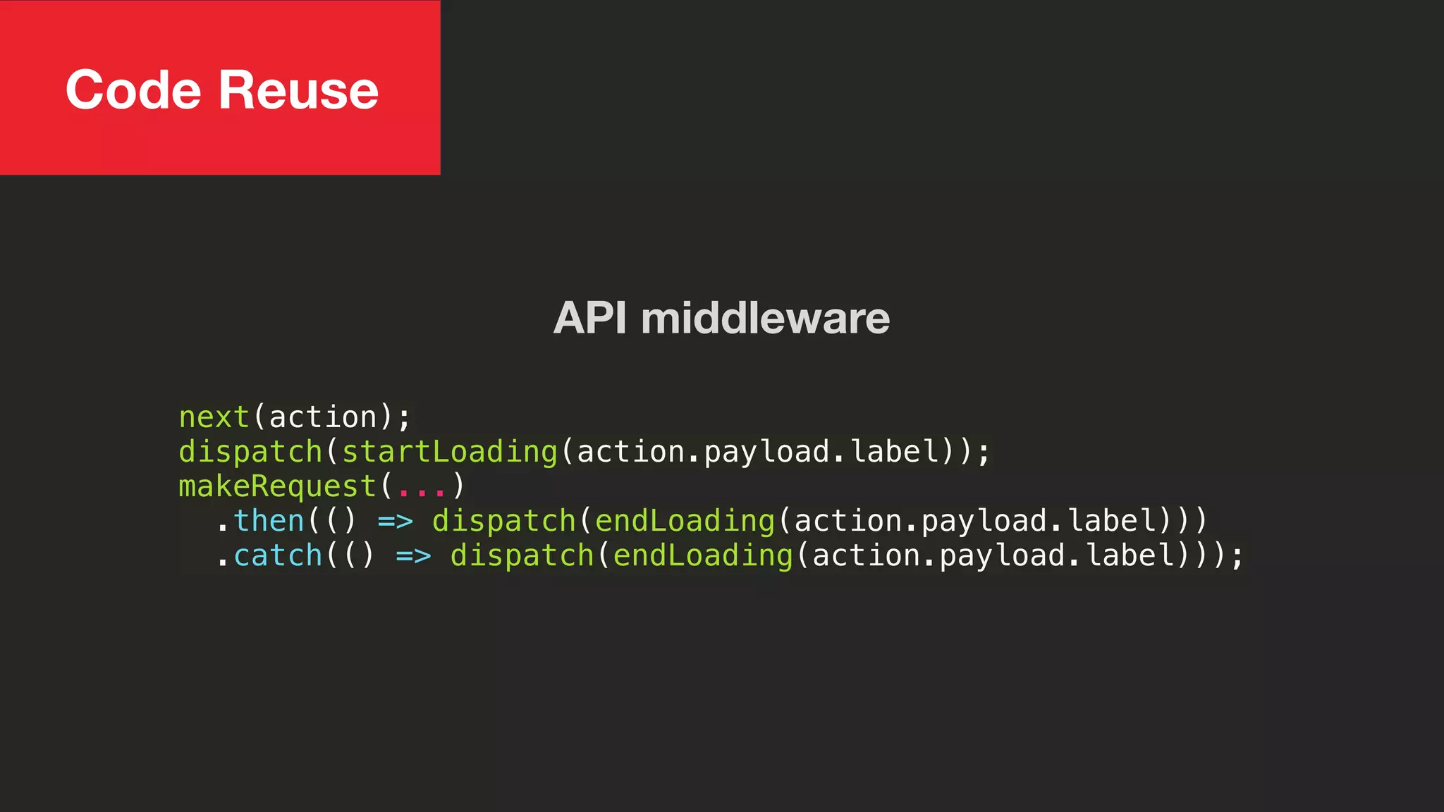 next(action);
dispatch(startLoading(action.payload.label));
makeRequest(...)
.then(() => dispatch(endLoading(action.payload.label)))
.catch(() => dispatch(endLoading(action.payload.label)));
API middleware
Code Reuse
 