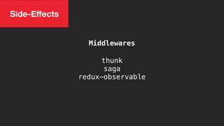 Side-Eﬀects
Middlewares
thunk
saga
redux-observable
 