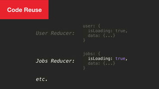 User Reducer:
user: {
isLoading: true,
data: {...}
}
jobs: {
isLoading: true,
data: {...}
}
Jobs Reducer:
etc.
Code Reuse
 