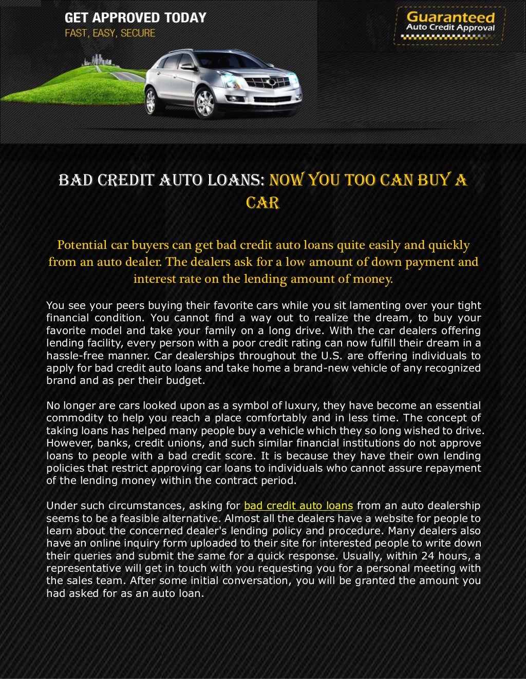 Bad Credit Auto Loans Now You Too can Buy a Car