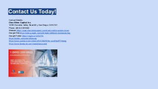 Contact Us Today!
Contact Details:
Clear Skies Capital, Inc.
10951 Sorrento Valley Road #2-j, San Diego, CA 92121
Phone: (800) 230-9822
Website:https://www.clearskiescapital.com/bad-credit-business-loans
Google Site:https://sites.google.com/site/badcreditbusinessloanstartup
Google Folder:https://mgyb.co/s/GcCFz
https://twitter.com/clearskiescap
https://www.youtube.com/channel/UCZdzNA8o-szs4Hpo9THeaog
https://www.facebook.com/clearskiescapital
 