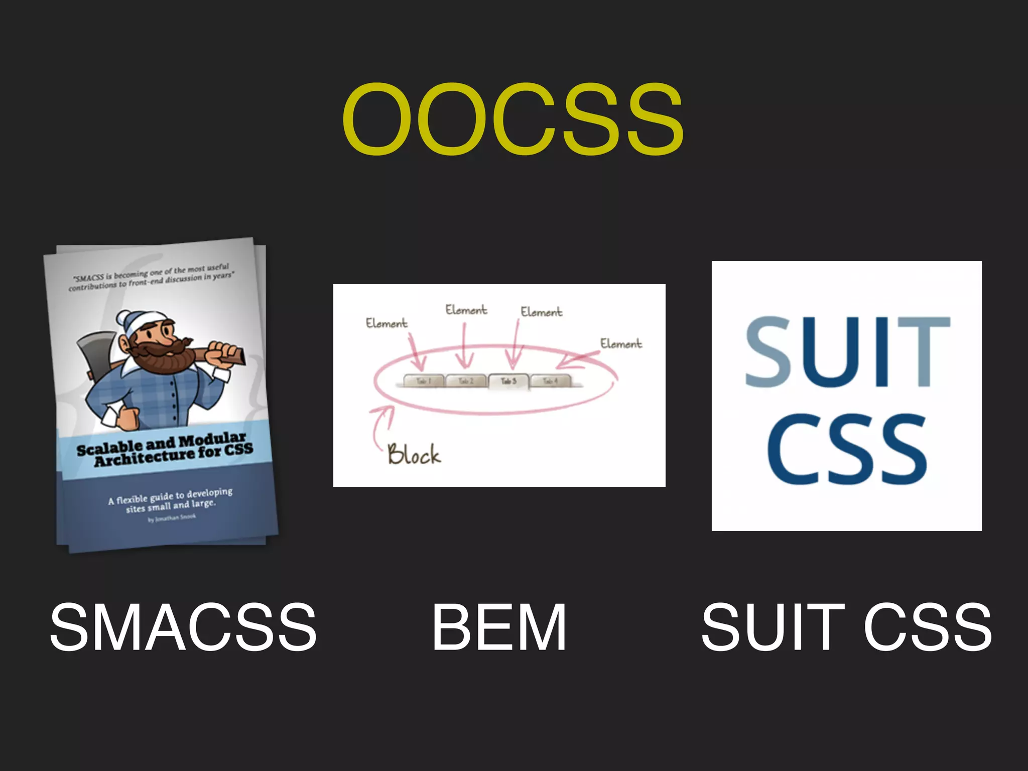 OOCSS
SMACSS BEM SUIT CSS
 