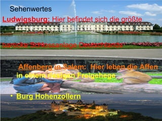 Sehenwertes
•
• Affenberg in Salem: Hier leben die Affen
in einem riesigen Freigehege
• Burg Hohenzollern
Ludwigsburg: Hier befindet sich die größte
barocke Schlossanlage Deutschlands
 