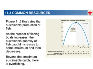 11.3 COMMON RESOURCES
Figure 11.6 illustrates the
sustainable production of
fish.
As the number of fishing
boats increases, the
sustainable quantity of
fish caught increases to
some maximum and then
decreases.
Beyond that maximum
sustainable catch, there
is overfishing.

 