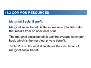 11.3 COMMON RESOURCES
Marginal Social Benefit
Marginal social benefit is the increase in total fish catch
that results from an additional boat.
The marginal social benefit is not the average catch per
boat, which is the marginal private benefit.
Table 11.1 on the next slide shows the calculation of
marginal social benefit.

 