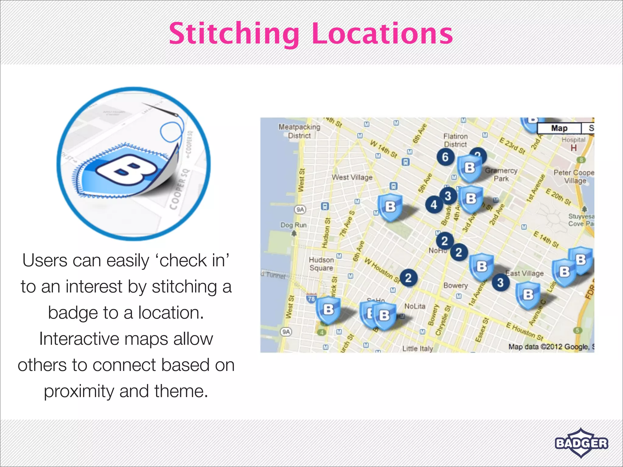 Stitching Locations




Users can easily ‘check in’
to an interest by stitching a
    badge to a location.
   Interactive maps allow
others to connect based on
    proximity and theme.
 