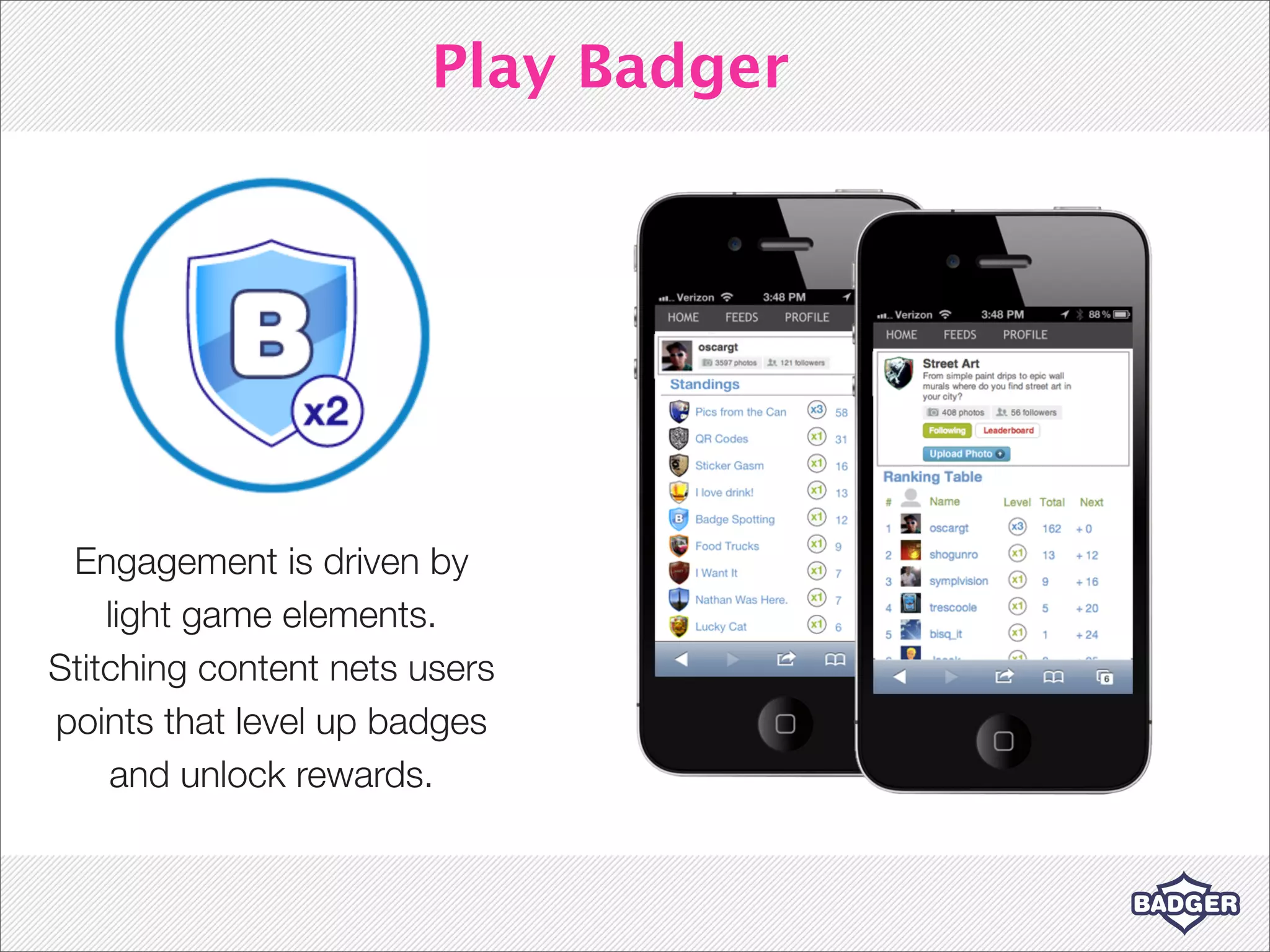 Play Badger




 Engagement is driven by
    light game elements.
Stitching content nets users
points that level up badges
    and unlock rewards.
 