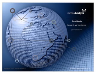 Social Media

                                Research Vs. Monitoring

                                     private sector




insights for a better world.™      ©2011 MediaBadger Public Affairs Ltd.
 