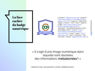 La face
cachée
du badge
numérique
« Il s’agit d’une image numérique dans
laquelle sont stockées
des informations (métadonnées*) »
Image(CCBY-NC-SA3.0)
* Adresse mail, nom,prénom, année, établissement, …
 