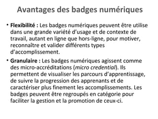 • Flexibilité : Les badges numériques peuvent être utilise
dans une grande variété d’usage et de contexte de
travail, auta...