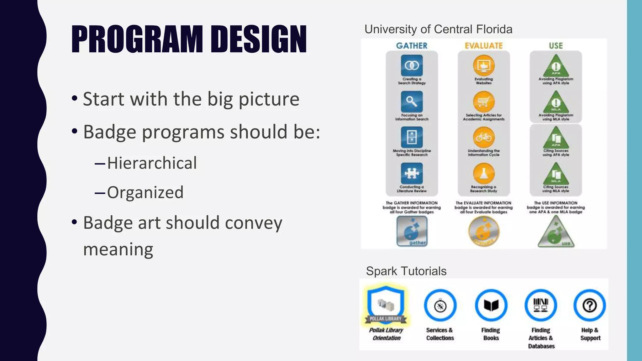 PROGRAM DESIGN
• Start with the big picture
• Badge programs should be:
–Hierarchical
–Organized
• Badge art should convey
meaning
University of Central Florida
Spark Tutorials
 