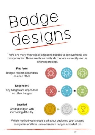 Badge
designs
Flat form
Badges are not dependent
on each other
+ =X Y Z
Dependent
Key badges are dependent
on other badges
Levelled
Graded badges with
increasing difficulty.
There are many methods of allocating badges to achievements and
competencies. These are three methods that are currently used in
different projects.
Which method you choose is all about designing your badging
ecosystem and how users can earn badges and what for.
24
 