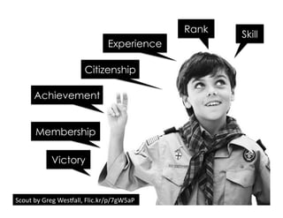 Scout	
  by	
  Greg	
  WesJall,	
  Flic.kr/p/7gW5aP	
  
Achievement
Experience
Citizenship
Skill
Membership
Victory
Rank
 