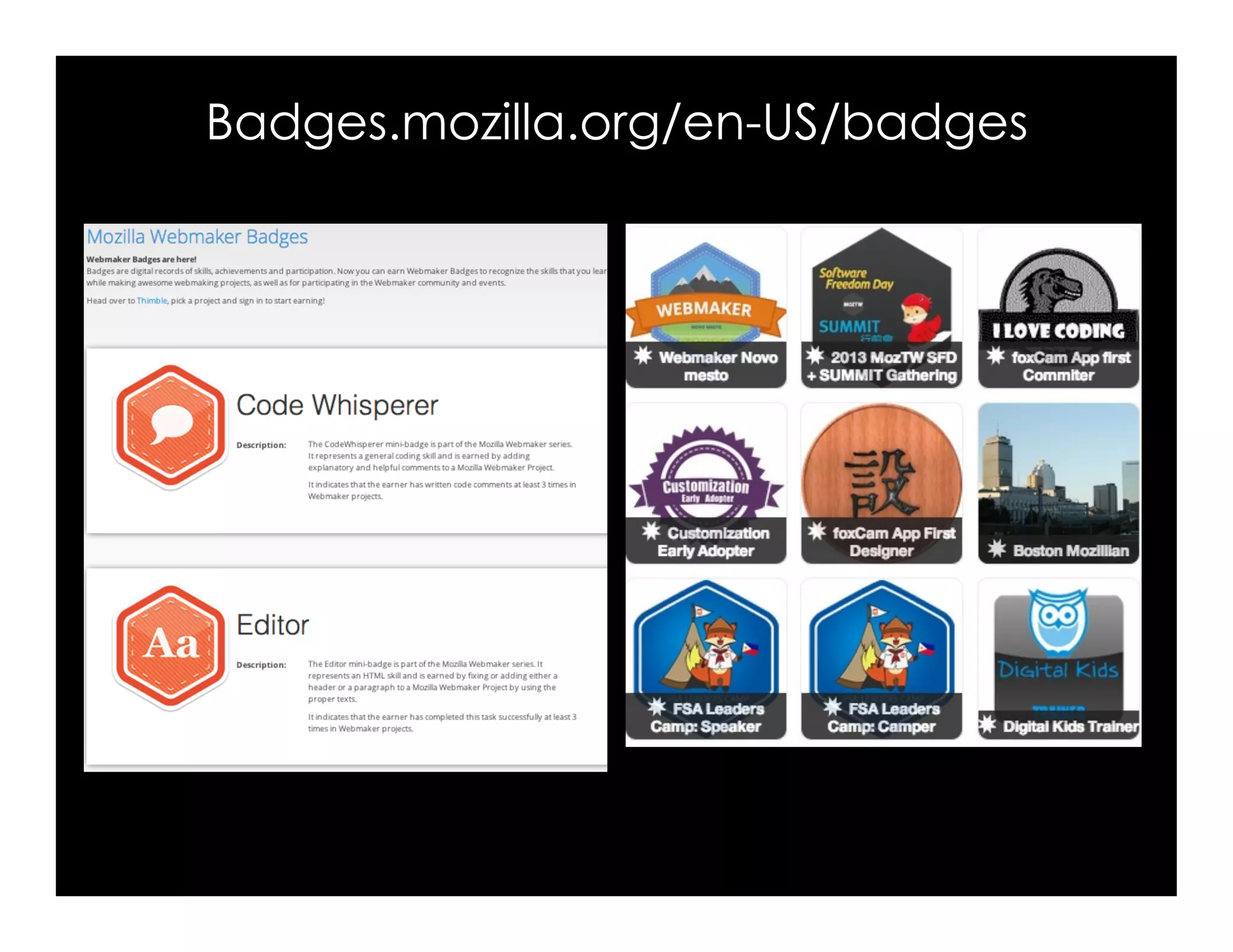Badges.mozilla.org/en-US/badges 
 