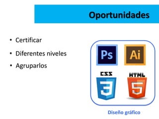 • Certificar
Oportunidades
• Diferentes niveles
• Agruparlos
Diseño gráfico
 