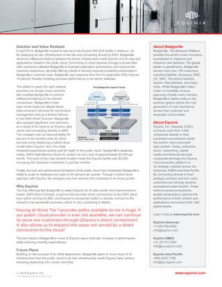 www.equinix.com© 2014 Equinix, Inc.
About Badgeville
Badgeville, The Behavior Platform,
enables the world’s most innovative
businesses to measure and
influence user behavior. The global
leader in gamification, Badgeville
serves more than 150 customers
including Deloitte, Samsung, EMC,
CA, NBC, The Active Network,
Appirio, Recyclebank, and many
more. While Badgeville’s client
roster is incredibly diverse,
spanning virtually every industry,
Badgeville’s clients share in the
common goal to define the next
generation of user experience
across their customer and
employee communities.
About Equinix
Equinix, Inc. (Nasdaq: EQIX),
connects more than 4,500
companies directly to their
customers and partners inside
the world’s most networked
data centers. Today, enterprise,
cloud, networking, digital
media and financial services
companies leverage the Equinix
interconnection platform in
32 strategic markets across the
Americas, EMEA and Asia-Pacific.
By connecting directly to their
strategic partners and end users,
customers are forming dynamic
ecosystems inside Equinix. These
interconnected ecosystems
enable companies to optimize the
performance of their content and
applications and protect their vital
digital assets.
Learn more at www.equinix.com
Equinix Americas
+1.650.598.6000
info@equinix.com
Equinix EMEA
+31.20.753.7950
info@eu.equinix.com
Equinix Asia-Pacific
+852.2970.7788
info@ap.equinix.com
Solution and Value Realized
In April 2012, Badgeville moved its service to the Equinix IBX DC6 facility in Ashburn, Va.
By deploying its own infrastructure in the site and connecting directly to AWS, Badgeville
achieved millisecond latency between its owned infrastructure inside Equinix and its data and
applications hosted in the public cloud. Connecting to cloud services through a private fiber
optic connection allowed Badgeville to increase application performance and improve the
customer experience, all while offering a level of security required by leading enterprises in
Badgeville’s customer base. Badgeville saw response time from its application APIs improve
15 percent, thereby boosting end-user performance on its clients’ websites.
The ability to reach the right network
providers via simple cross-connects
also enabled Badgeville to achieve
millisecond latency on its Internet
connections. Badgeville’s initial
data center build-out utilized these
interconnection services for out-of-band
management and as a tertiary failover
to the AWS Direct Connect. Badgeville
also enjoyed significant cost reduction
as a result of its move to an Equinix data
center and connecting directly to AWS.
The company has cut approximately 40
percent of its monthly costs for cloud
services since deploying a hybrid cloud
model within Equinix. And, the initial
hardware expenditure quickly paid for itself. In the public cloud, Badgeville’s database
nodes (AWS High-Memory Quad XL nodes) ran at a cost of approximately $2,000 per
month. The price of two new servers located inside the Equinix facility was $4,000,
recouping the hardware investment in just two months.
Finally, the cost and performance limitations of the public cloud had constrained Badgeville’s
ability to scale its database and users to 20 percent per quarter. Through a hybrid cloud
approach with Equinix, the company now has removed this constraint to its future growth.
Why Equinix
Two key offerings led Badgeville to select Equinix for its data center and interconnection
needs: AWS Direct Connect, a service that provides direct connections to the AWS cloud
from within an Equinix IBX; and Equinix’s unmatched ability to directly connect to the
industry’s top bandwidth providers, which is very comforting to Martin,
The end result of Badgeville’s move to Equinix was a dramatic increase in performance,
while reducing monthly expenditures.
Future Plans
Building on the success of its initial deployment, Badgeville plans to move more of its
infrastructure from the public cloud to its own infrastructure inside Equinix data centers,
including expanding into London and Asia.
CS-EN Badgeville-Case-Study 3F2 DD-CL 1402
Fallover path
through Equinix
Badgeville
Equinix Data Center
Front Net
BackNet
ASER1
Mongo05 Node
Monitoring, Utilities
Switch
The Badgeville Hybrid Cloud
Switch
Mongo05 Node
10G uplinks
Amazon DirectConnect
Switch
Equinix
ASER2
EngineYard/
AWS
“Having all those Tier 1 provider paths available to me is huge. If
our public cloud provider is ever not available, we can continue
to serve our customers through [Equinix’s direct connection].
It also allows us to expand into areas not served by a direct
connection to the cloud.”
 