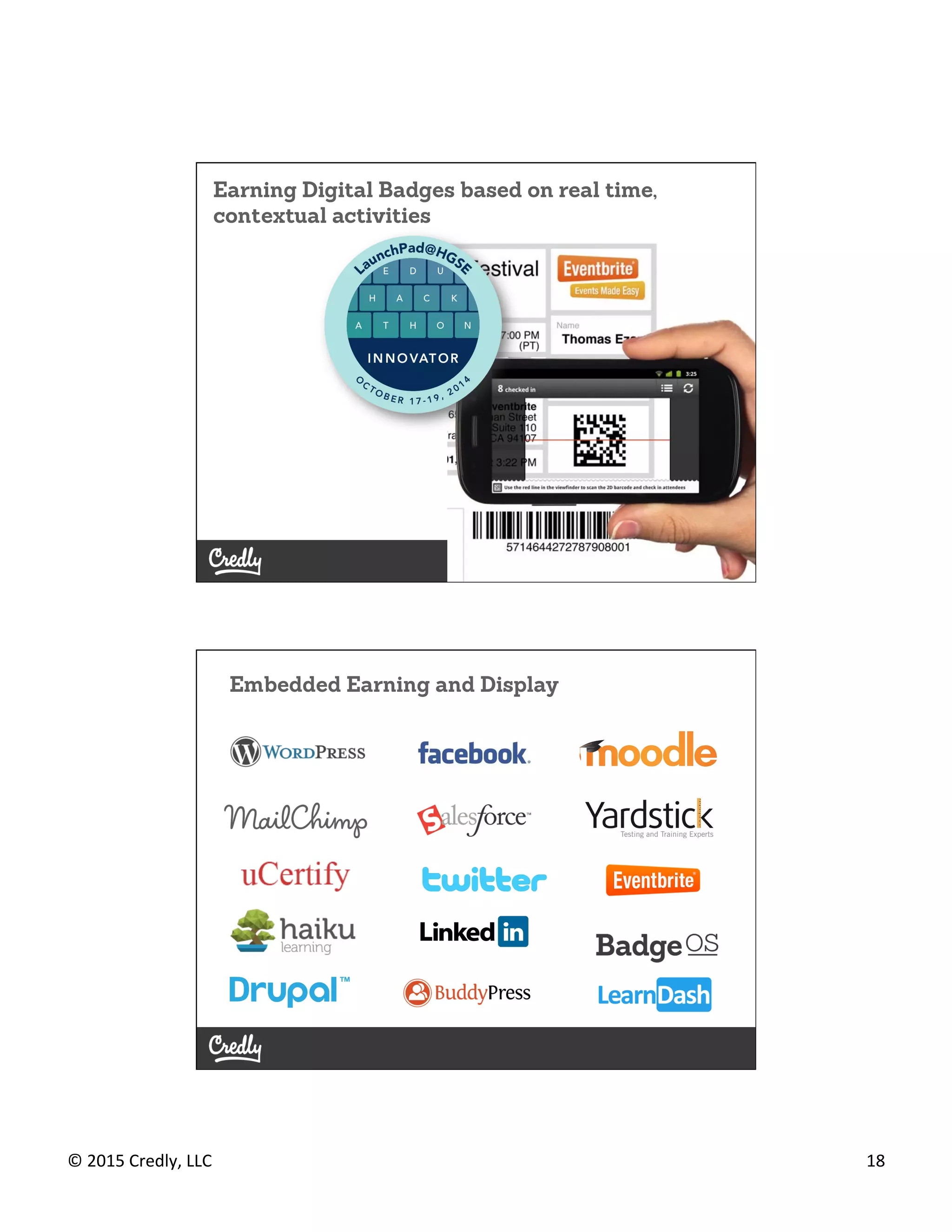 ©	
  2015	
  Credly,	
  LLC	
   18	
  
Earning Digital Badges based on real time,
contextual activities
Embedded Earning and Display
 