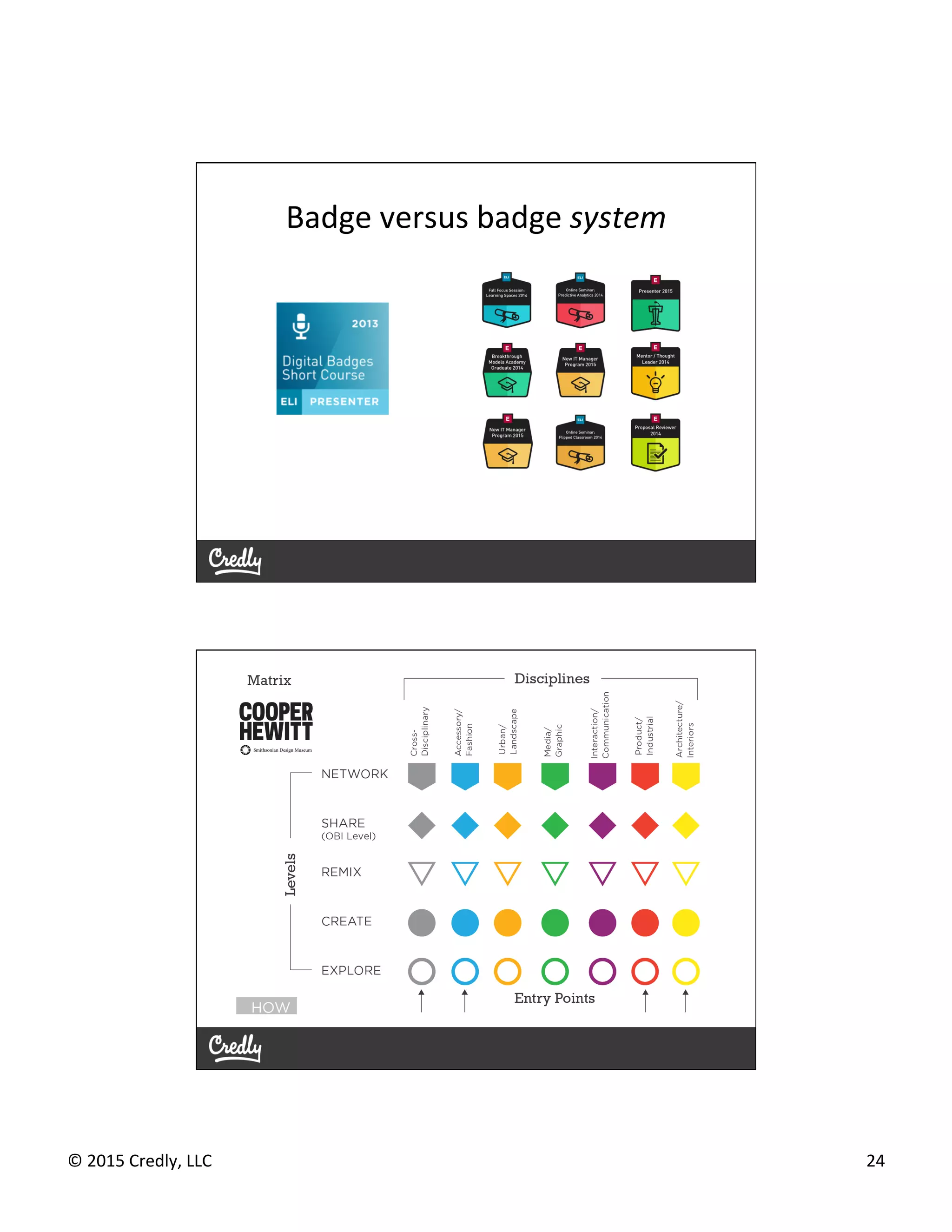 ©	
  2015	
  Credly,	
  LLC	
   24	
  
Badge	
  versus	
  badge	
  system	
  
 